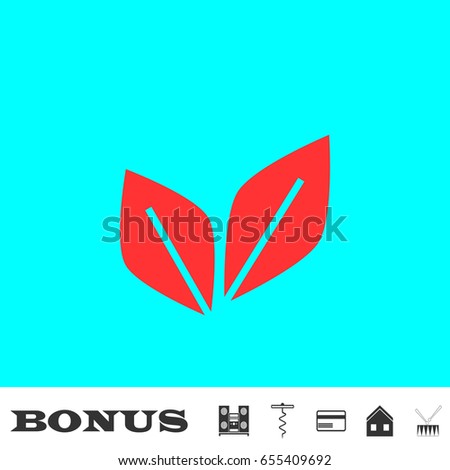 Leaf Pair icon flat. Simple red pictogram on blue background. Illustration symbol and bonus icons Music center, corkscrew, credit card, house, drum