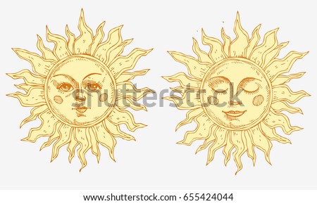 Hand drawn sun with face stylized as engraving. Can be used as print for T-shirts and bags, cards, decor element. Vector astrology symbol