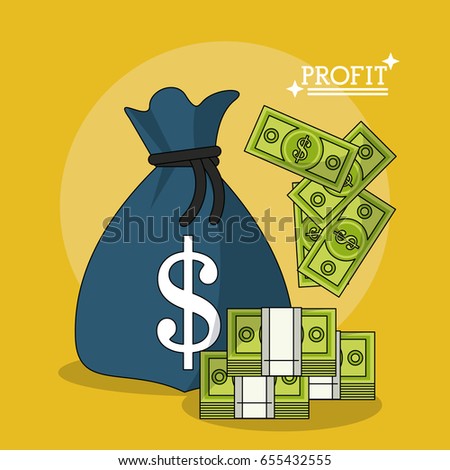 colorful poster of profit with money bag and stack money bills