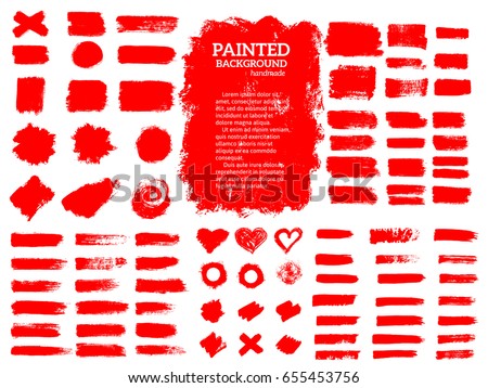 Painted grunge stripes set. Red  labels, background, paint texture. Brush strokes vector. Handmade design elements.