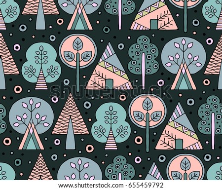 Vector hand drawn seamless pattern, decorative stylized childish trees. Doodle style, tribal graphic illustration. Ornamental cute hand drawing Series of doodle, cartoon, sketch seamless patterns