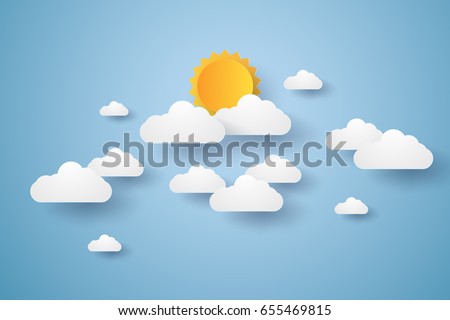 Cloudscape , blue sky with clouds and sun , paper art style