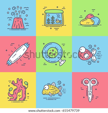 Aquarium colored line icons. Set of 9 items. A tank, fish and catfish Corydoras, volcano air pump, driftwood, lamp, feeding ring, rocks and scissors. Vector illustration for pet shop.