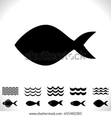 Set of Fish and Waves Vector Icon Isolated. Black Seafood Logo Collection. Simple Aquatic Animal Silhouette. Fishing Symbol or Black and White Pictogram