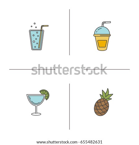 Refreshing drinks color icons set. Lemonade, cocktails, pineapple. Isolated vector illustrations