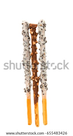chocolate dipped biscuit sticks on white background