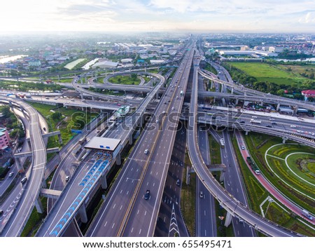 Aerial View of Busy Highway Junction at Morning in Bangkok, Thailand