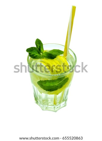 Detox water with lemon and fresh mint leaves isolated on white background. Healthy lifestyle. Drinks for health