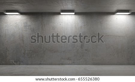 Empty concrete room wall and glowing lamps