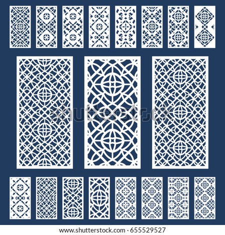 Ornamental panels template set for cutting exterior. Silhouette geometric pattern. Laser cut cabinet fretwork perforated panel in arabic style. Metal, paper or wood carving. Outdoor screen.