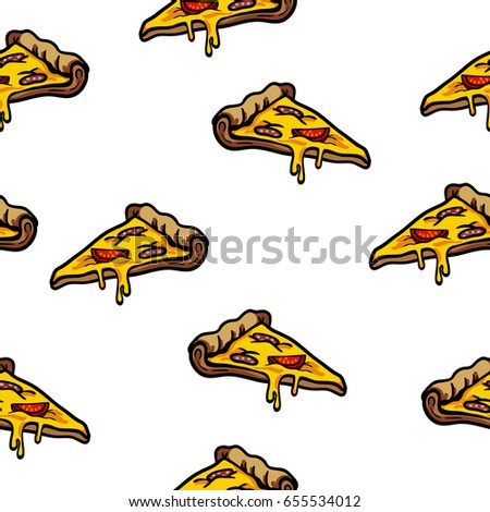 Vector seamless pattern with appetizing pizza slices on a white background. A trendy youth image with food, fast food, suitable for prints of clothes, notepad, poster, designer decor, wrapping paper.