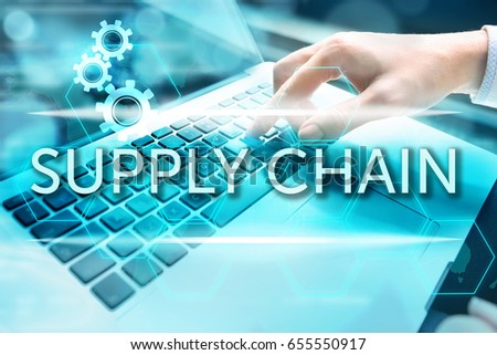 Supply chain management concept. Woman's hand using computer keyboard with related keywords and signs over business background.