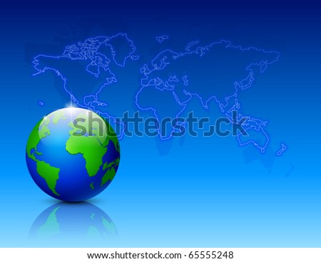 Neon world map with globe. Vector illustration