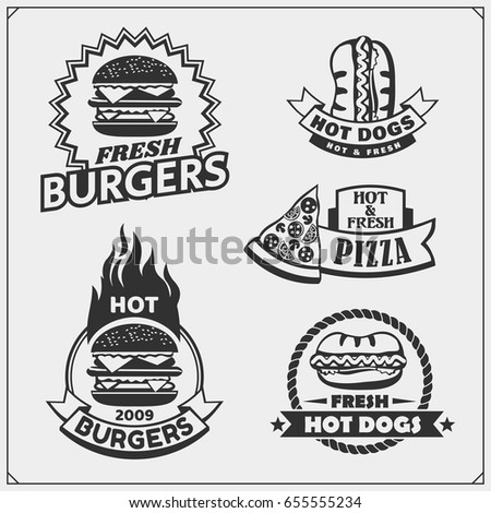 Fast food and BBQ grill labels, emblems and design elements. Burgers, pizza, hot dog.