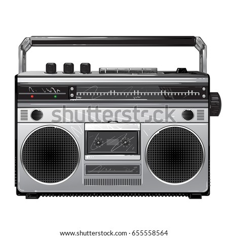 Radio Silver retro radio boom box .Vintage tape recorder for audio cassettes. Retro audio player