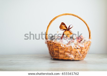 gift basket on grey background Royalty-Free Stock Photo #655561762