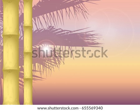 vector illustration of sunset on the sea background in orange colors. the texture of the bamboo in the foreground. silhouette of palm trees in the background. the sun is shining