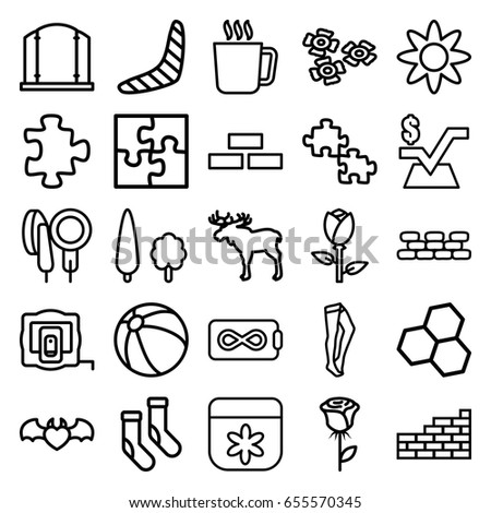 Pattern icons set. set of 25 pattern outline icons such as mug, moose, rose, measure tape, brick wall, puzzle, beach ball, boomerang, gate, flower, socks, tights
