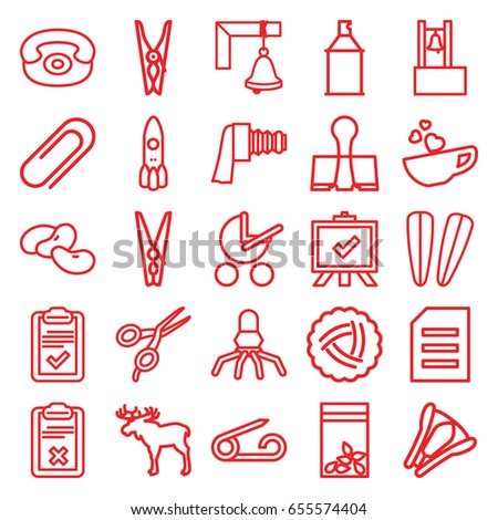 Clip icons set. set of 25 clip outline icons such as moose, nest, bean, baby stroller, pin, barber scissors, hair barrette, cloth pin, board, spray paint, seed bag