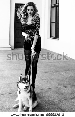 Girl in the park with a dog Husky. The girl with the siberian husky. Delightful girl plays with a Siberian Husky. Girl walking with a hunting dog - the West Siberian husky. Close-up. Fashion photo