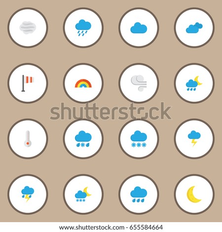 Nature Flat Icons Set. Collection Of Rain, The Flash, Overcast And Other Elements. Also Includes Symbols Such As Thermometer, Rain, Clouds.