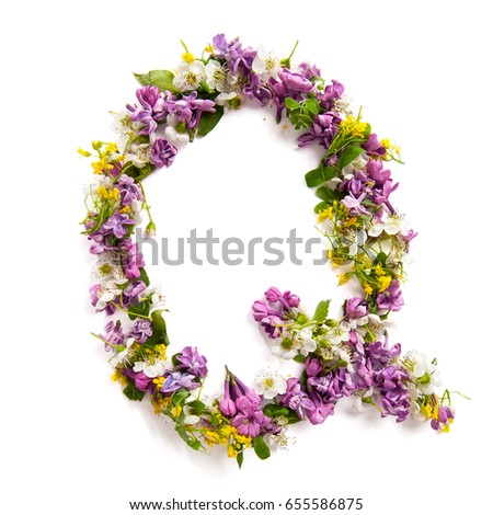 The letter "Q" made of various natural small flowers.
