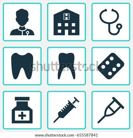 Antibiotic Icons Set. Collection Of Review, Dental, Drug And Other Elements. Also Includes Symbols Such As Teeth, Pharmaceutical, Check.
