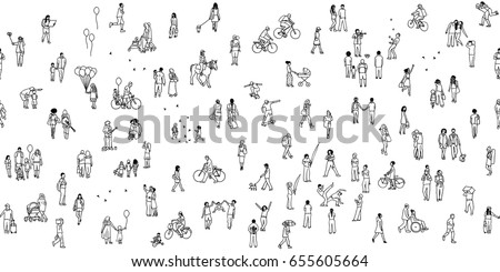 	
Seamless banner of tiny people, can be tiled horizontally: pedestrians in the street, a diverse collection of small hand drawn men and women walking through the city Royalty-Free Stock Photo #655605664