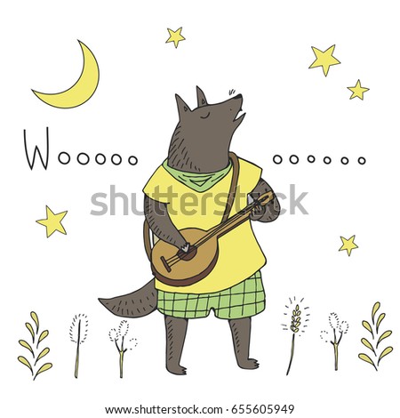 Wolf with guitar singing at the night. 