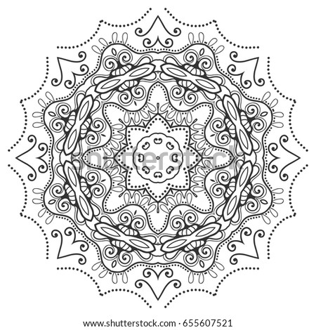 Mandala isolated round ornament, stylized floral pattern. Zen doodle style art, monochrome sketch for coloring book page. Tribal ethnic arabic, indian motif. Black and white geometric line background