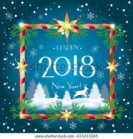 Merry Christmas and Happy New Year greeting card with falling snow, sparkle, reindeer, snowflakes, falling snow and fir tree. Christmas decoration. Vector Sale Winter Holiday frame wallpaper. 2018