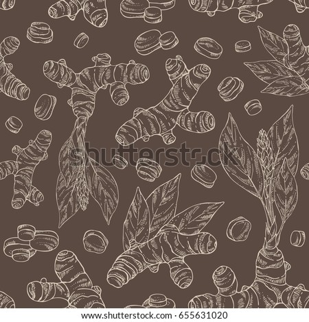 Seamless pattern with turmeric: turmeric root and leaves. Vector hand drawn illustration.