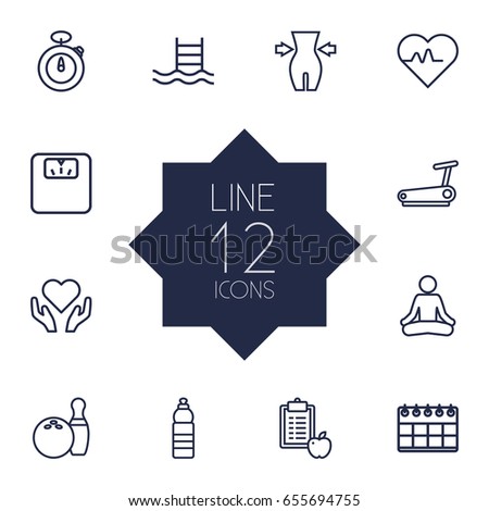 Set Of 12 Bodybuilding Outline Icons Set.Collection Of Scales, Weight Loss, Water Bottle And Other Elements.
