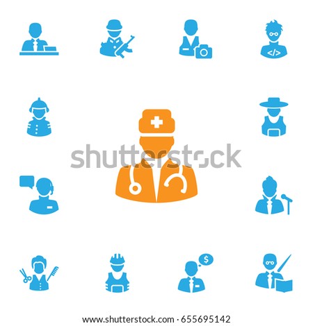 Set Of 13 Position Icons Set.Collection Of Stylist, Vocalist, Rancher And Other Elements.