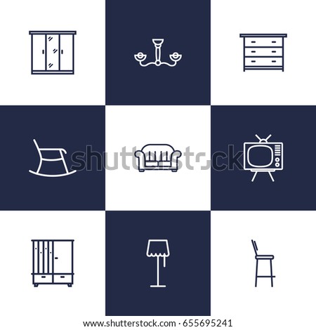 Set Of 9 Set Outline Icons Set.Collection Of Hall Tree, Armchair, Floor Lapm And Other Elements.