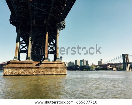 Structure under Manhattan bridge and Brooklyn bridge over East river in vintage