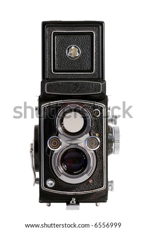 Vintage twin lens camera isolated, front view.