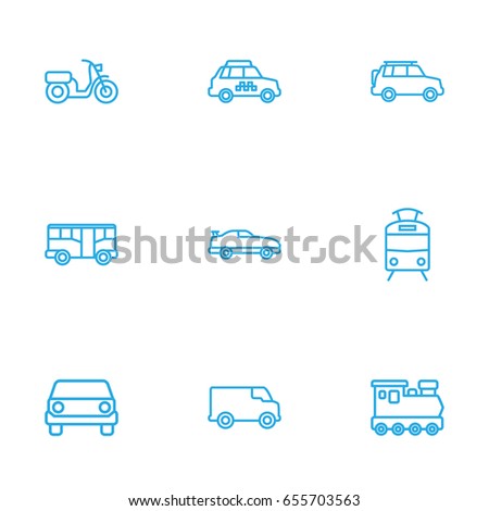 Set Of 9 Transport Outline Icons Set.Collection Of Moped, Tram, Bus And Other Elements.