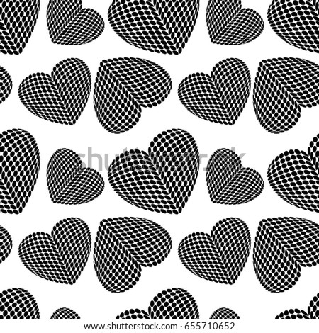 Black and white seamless pattern with abstract hearts. Modern halftone background. Repeating geometric tiles. Vector clip art.