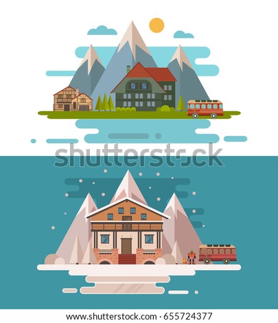Set of houses for the travelers and tourists. Chalet accommodation, hostel, tourist base. Rental and reservation of houses and apartments.Illustration of flat style.