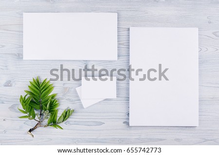 Corporate identity template, stationery with green foliage on soft light blue wooden board. Mock up for branding, graphic designers presentations and portfolios.