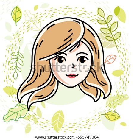 Vector illustration of beautiful blonde female face, positive face features, spring theme clipart.