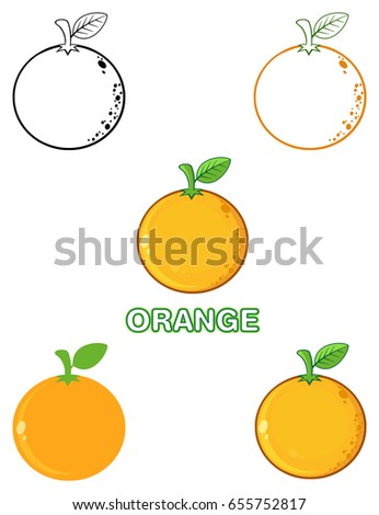 Orange Fresh Fruit With Green Leaf Cartoon Drawing 2.  Set Vector Collection Isolated On White Background
