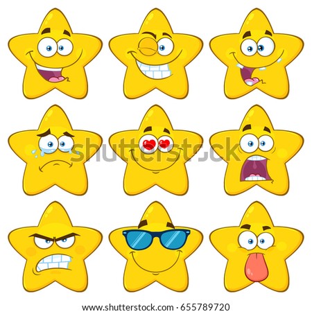 Funny Yellow Star Cartoon Emoji Face Series Character Set 1. Raster Collection Isolated On White Background