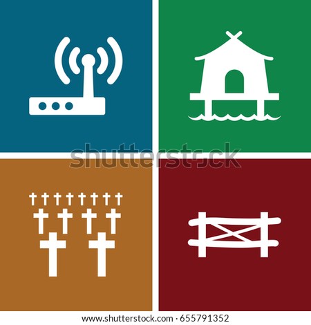 Line icons set. set of 4 line filled icons such as fence, tent, router