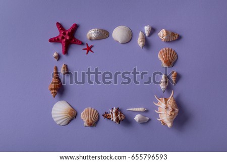 Marine background: From above view of beautifully arranged frame of seashells and sea star on purple background. Top view. Flat lay.