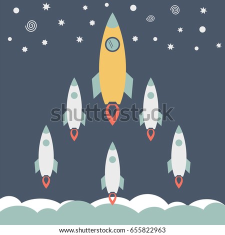Start up concept. Leadership and teamwork concept. Rocket ship in a flat style. Space traveling. Vector illustration 