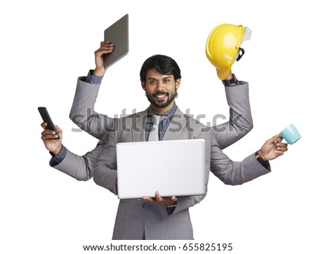 Young handsome businessman with six hands
