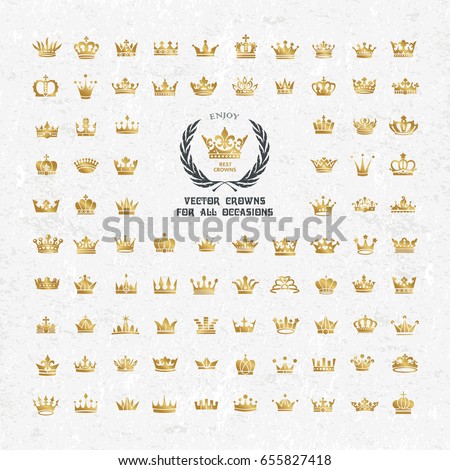 Vector collection of creative king and queen crowns symbols or logo elements. Set of Geometric vintage crown
