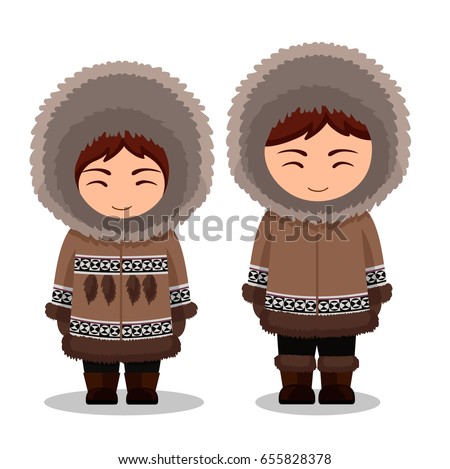 Eskimos in national clothes. Man and woman in traditional costume. People. Vector flat illustration. Royalty-Free Stock Photo #655828378